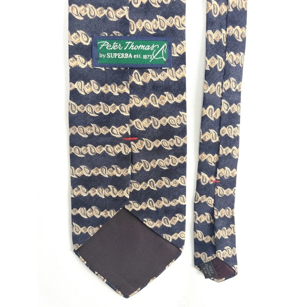 Vintage Peter Thomas Necktie OS Navy Blue Gold Paisley Italian Silk Striped Tie